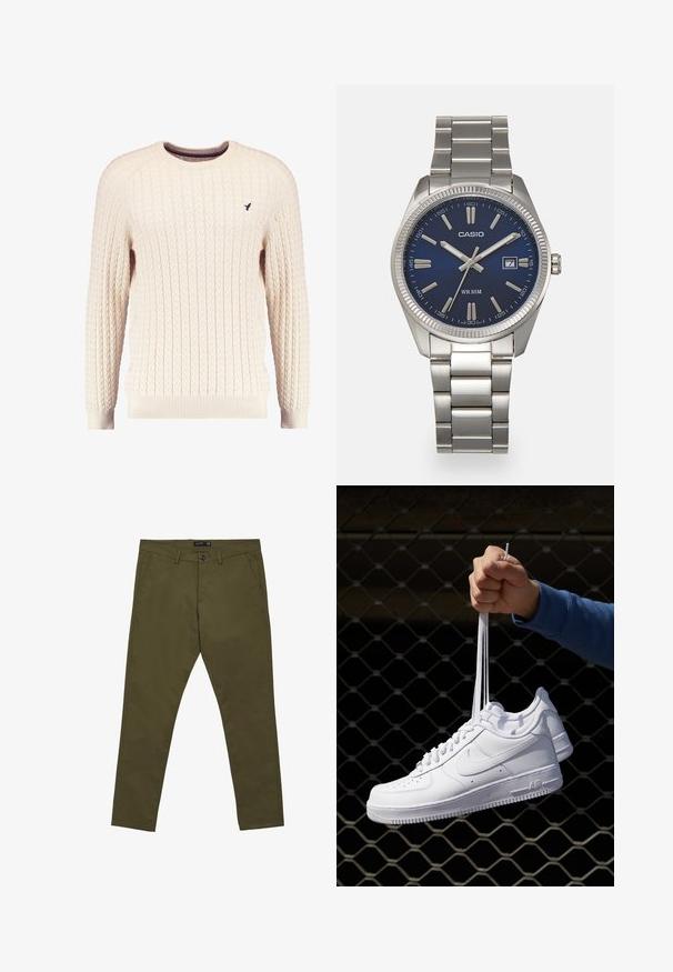 Maglione crema a trama cable con maniche lunghe e colletto tondo. Presenta polsini e orlo a costine, con un piccolo logo ricamato sul petto.; Calliope SLIM - Chino - verde; Sneakers in pelle bianca con perforazioni, punta rotonda, suola piatta e lacci spessi, con logo swoosh visibile e "AIR" sul tallone.; Orologio da polso in acciaio inossidabile argento con quadrante blu navy, indici metallici e finestra della data alle 3. Resistente all'acqua fino a 50 metri.