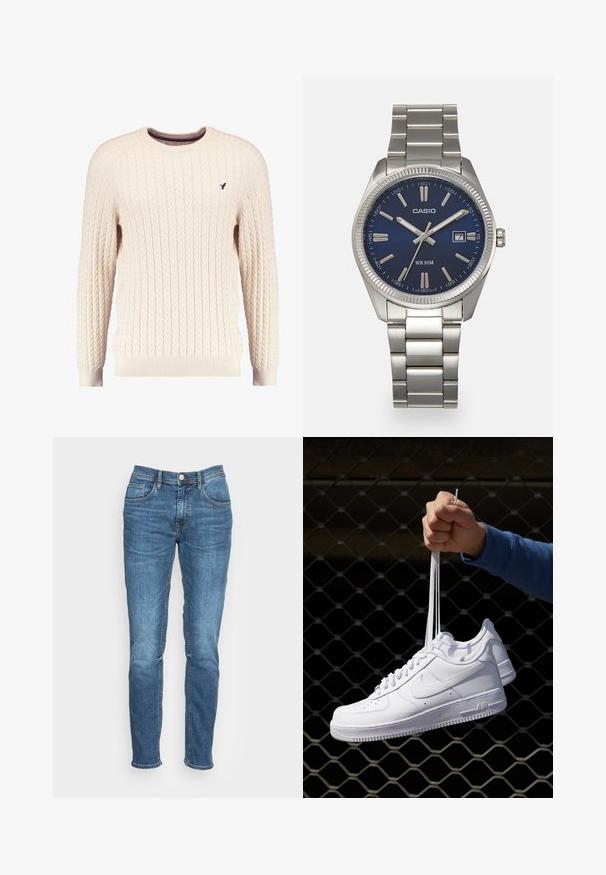 Kerman kaulusneule, jossa on pitkä hiha ja pyöreä kaula-aukko. Varustettu raidoitettuilla hihoilla ja helmalla, sekä pienellä brodeeratulla logolla rinnassa.; Blend TWISTER - Slim fit -farkut - middle blue; Valkoiset nahkasneakersit, joissa on rei'ityksiä, pyöreä kärki, tasapohja ja paksut nauhat, joissa on näkyvä swoosh-logo ja "AIR" kantapäässä.; Harmaa ruostumaton teräs rannekello, jossa on tummansininen kellotaulu, metalliset tuntimerkit ja päivämääränäyttö kello 3:ssa. Vesitiivis 50 metriin asti.