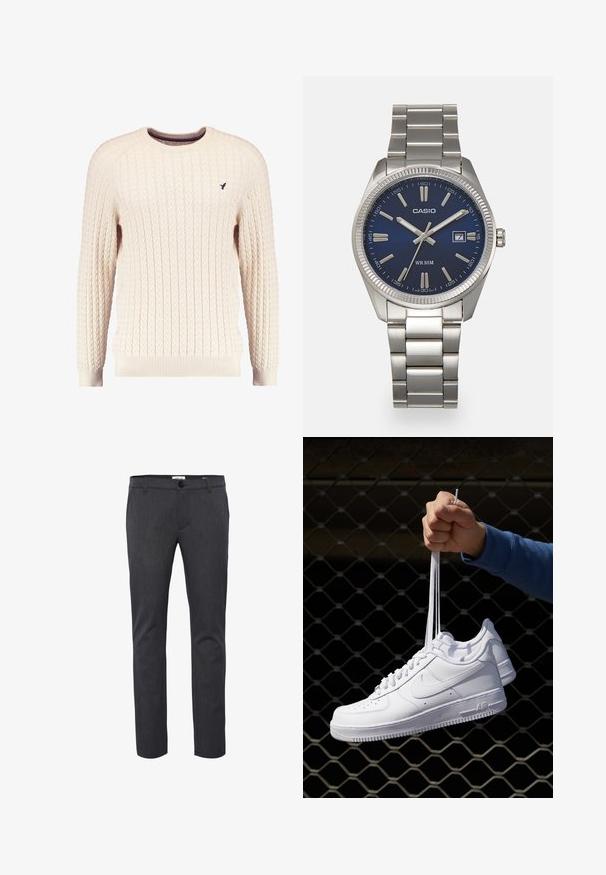 Romige kabelgebreide trui met lange mouwen en een ronde hals. Heeft ribgebreide manchetten en zoom, met een klein geborduurd logo op de borst.; Donkergrijze slim-fit broek gemaakt van textuurstof, met een knoopsluiting, riemlussen en zijzakken voor praktisch gebruik.; Witte leren sneakers met perforaties, ronde neus, vlakke zool en dikke veters, met een zichtbare swoosh-logo en "AIR" op de hiel.; Zilveren roestvrijstalen horloge met een marineblauwe wijzerplaat, metalen uurmarkeringen en een datumnis op 3 uur. Waterbestendig tot 50 meter.