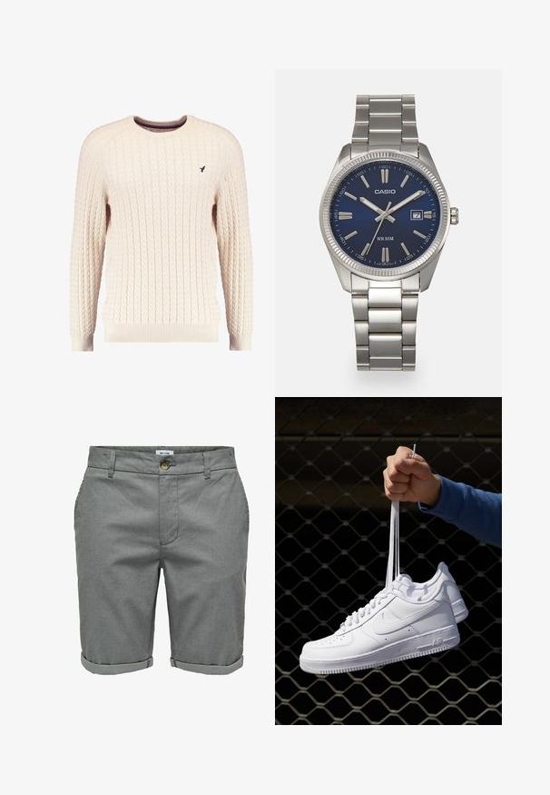 Pull en maille torsadée crème avec manches longues et col ras du cou. Présente des poignets et un ourlet côtelés, avec un petit logo brodé sur la poitrine.; Shorts gris en tissu texturé, dotés d'une fermeture à bouton, de poches latérales et de revers roulés pour un look soigné.; Baskets en cuir blanc avec perforations, à bout rond, semelle plate et lacets épais, arborant un logo swoosh visible et "AIR" sur le talon.; Montre-bracelet en acier inoxydable argenté avec un cadran bleu marine, des index métalliques et un affichage de la date à 3 heures. Résistante à l'eau jusqu'à 50 mètres.