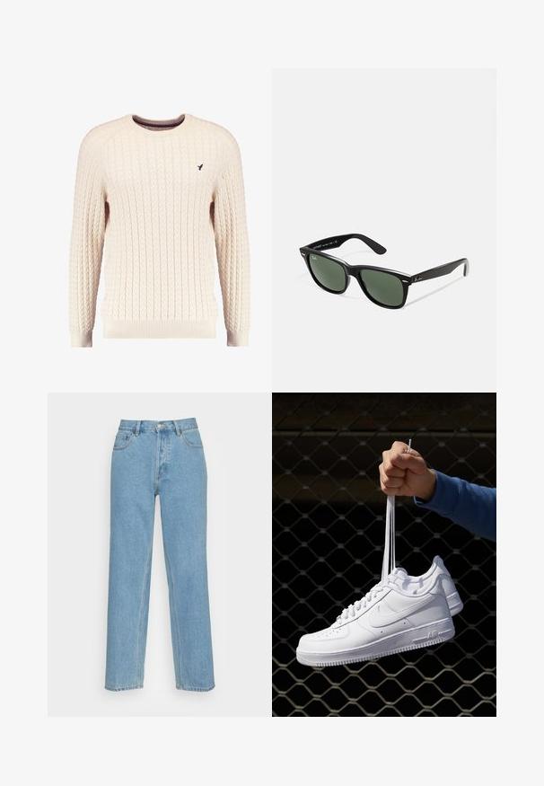 Krēmveida adīta džemperis ar garām piedurknēm un apaļu kakla izgriezumu. Tam ir ribota piedurkņu un apakšmalas apdare, kā arī neliels izsistais logotips uz krūšu daļas.; Gaiši zili taisna kāja džinsi, izgatavoti no denima, ar klasisku piecu kabatu dizainu, priekšējo pogu aizdari un redzamām šuvju detaļām.; Baltas ādas sporta apavi ar perforācijām, apaļu purngali, plakanu zoli un biezām šņorēm, ar redzamu swoosh logo un vārdu "AIR" uz papēža.; Melnas plastmasas saulesbrilles ar zaļiem lēciem, kvadrātveida rāmjiem, sudrabainu akcentu uz uzacīm un teksturētām tempļu kājām. Zīmols norādīts uz iekšējās kājas.; Sudraba nerūsējošā tērauda rokas pulkstenis ar tumši zilu ciparnīcu, metalizētiem stundu rādītājiem un datuma logu pie pulksten 3. Ūdensizturīgs līdz 50 metriem.