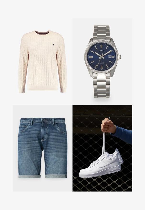 Cremefarvet kabelstrikket sweater med lange ærmer og rund hals. Har ribbede manchetter og kant, samt et lille broderet logo på brystet.; Mørkeblå denim shorts med en subtil falmet vask. Har opfoldede kanter, fem-lomme design og lukning med knap foran.; Hvide lædersneakers med perforeringer, rund tå, flad sål og tykke snørebånd, med et synligt swoosh-logo og "AIR" på hælen.; Sølv rustfrit stål urrem med en marineblå urskive, metallic timemarkører og et datovindue kl. 3. Vandafvisende op til 50 meter.