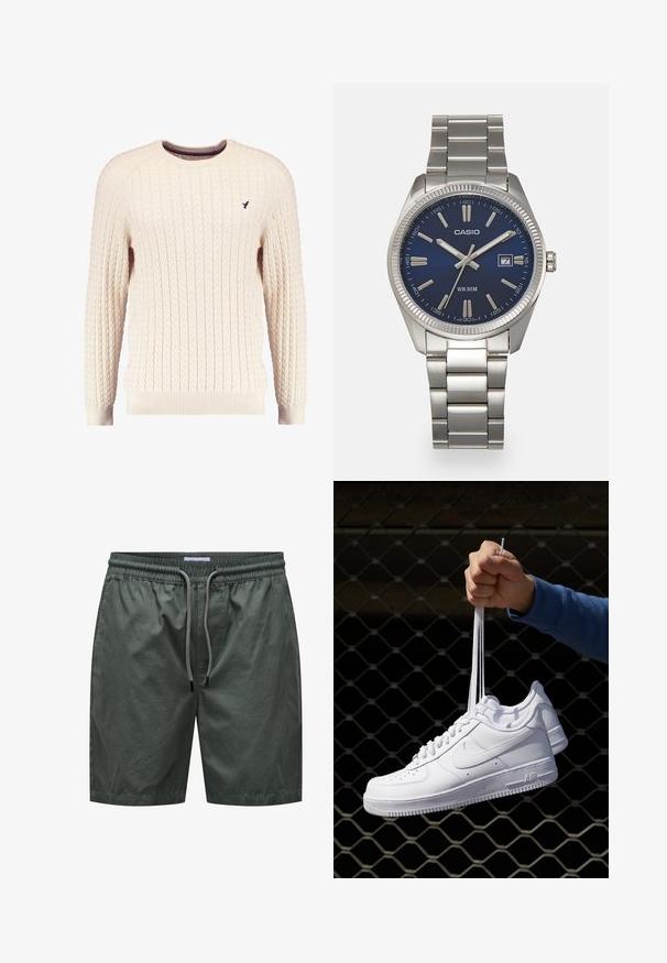 Romige kabelgebreide trui met lange mouwen en een ronde hals. Heeft ribgebreide manchetten en zoom, met een klein geborduurd logo op de borst.; Groene shorts van lichtgewicht stof met een elastische tailleband en trekkoord, met een gladde textuur en een eenvoudig ontwerp.; Witte leren sneakers met perforaties, ronde neus, vlakke zool en dikke veters, met een zichtbare swoosh-logo en "AIR" op de hiel.; Zilveren roestvrijstalen horloge met een marineblauwe wijzerplaat, metalen uurmarkeringen en een datumnis op 3 uur. Waterbestendig tot 50 meter.