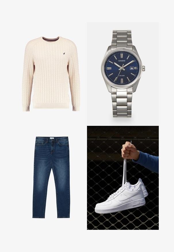 Kreemvärvi kabelikootud sviiter pikkade varrukatega ja ümmarguse kaelusega. Omab soonikuid mansette ja äärt, ning rinnal on väike brodeeritud logo.; Tumedat sinised kitsad teksad, millel on pleekinud detailid, klassikaline viie taskuga disain, nuppe sulgemine ja vöörihmad.; Valged nahast tennisetossud, millel on perforatsioonid, ümar nina, lame tallus ja paksud nöörid, nähtava swooshi logoga ja "AIR" kontsadel.; Hõbedane roostevabast terasest käekell, tumesinise lõpliku, metallsete tuntud numbrite ja kuupäevanäidikuga kell 3 juures. Veekindel kuni 50 meetrit.