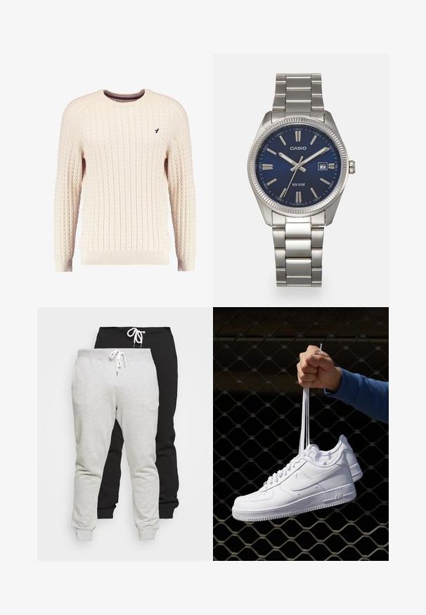 Suéter crema de punto trenzado con mangas largas y escote redondo. Presenta puños y dobladillo acanalados, con un pequeño logo bordado en el pecho.; Dos pares de pantalones de chándal en tejido de algodón gris y negro. Presentan cintura con cordón y tobillos ajustados. Textura suave, diseño casual.; Zapatillas de cuero blanco con perforaciones, punta redonda, suela plana y cordones gruesos, con un logo de swoosh visible y "AIR" en el talón.; Reloj de pulsera de acero inoxidable plateado con una esfera azul marina, marcadores horarios metálicos y una ventana de fecha a las 3 en punto. Resistente al agua hasta 50 metros.