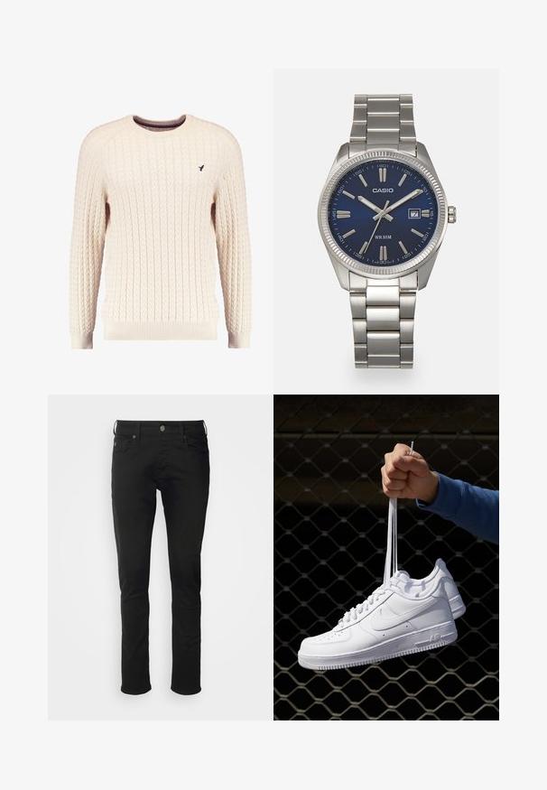 Maglione crema a trama cable con maniche lunghe e colletto tondo. Presenta polsini e orlo a costine, con un piccolo logo ricamato sul petto.; Jeans neri in cotone con taglio dritto, dotati di chiusura frontale con bottone, passanti per cintura e tasche standard con una texture liscia.; Sneakers in pelle bianca con perforazioni, punta rotonda, suola piatta e lacci spessi, con logo swoosh visibile e "AIR" sul tallone.; Orologio da polso in acciaio inossidabile argento con quadrante blu navy, indici metallici e finestra della data alle 3. Resistente all'acqua fino a 50 metri.
