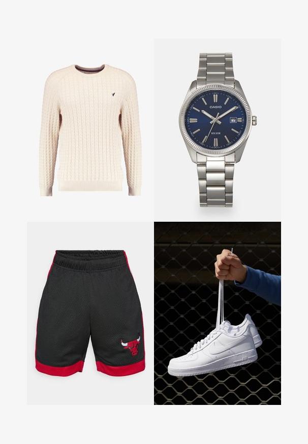 Krémový svetr s kabelovým pletením, dlouhými rukávy a kulatým výstřihem. Obsahuje pružné manžety a spodní lem, s malou vyšitou nášivkou na hrudi.; Černé síťované sportovní šortky s červenými postranními pruhy. Na levé noze mají vyšitý černobílý logotyp býka. Elastický pás.; Bílé kožené tenisky s perforacemi, kulatou špičkou, plochou podrážkou a silnými tkaničkami, které mají viditelné logo swoosh a nápis "AIR" na patě.; Stříbrný nerezový náramkový hodinky s navy modrým ciferníkem, kovovými hodinovými značkami a oknem pro datum na hodině 3. Vodotěsné do 50 metrů.