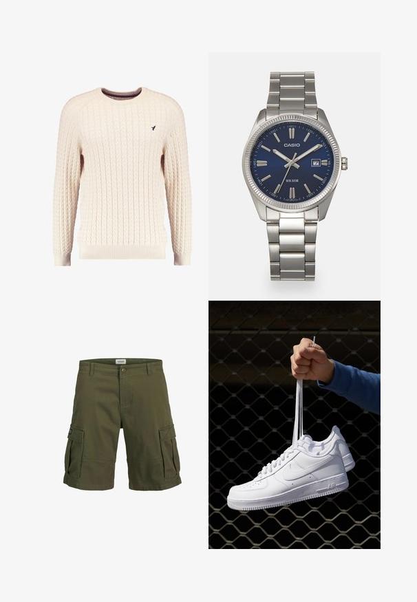 Romige kabelgebreide trui met lange mouwen en een ronde hals. Heeft ribgebreide manchetten en zoom, met een klein geborduurd logo op de borst.; Olijfgroene cargoshorts van katoen, met twee grote zijzakken, een knoopsluiting en een rechte pasvorm.; Witte leren sneakers met perforaties, ronde neus, vlakke zool en dikke veters, met een zichtbare swoosh-logo en "AIR" op de hiel.; Zilveren roestvrijstalen horloge met een marineblauwe wijzerplaat, metalen uurmarkeringen en een datumnis op 3 uur. Waterbestendig tot 50 meter.