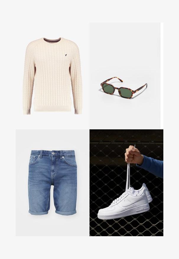 Kerman kaulusneule, jossa on pitkä hiha ja pyöreä kaula-aukko. Varustettu raidoitettuilla hihoilla ja helmalla, sekä pienellä brodeeratulla logolla rinnassa.; Vaaleansiniset farkkushortsit. Ominaisuuksiin kuuluu klassinen viiden taskun muotoilu, käännetyt helmat ja metallinappikiinnitys vyötäröllä.; Valkoiset nahkasneakersit, joissa on rei'ityksiä, pyöreä kärki, tasapohja ja paksut nauhat, joissa on näkyvä swoosh-logo ja "AIR" kantapäässä.; Kilpikonnakuosiset aurinkolasit vihreillä linsseillä, joissa on oktaalinen muoto ja kapeat, kaarevat varret. Materiaalissa on kiiltävä pinta.