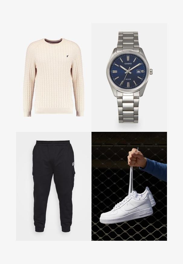 Kremfarget kabelstrikket genser med lange ermer og rund hals. Har ribbestrikkede mansjetter og kant, med en liten brodert logo på brystet.; SIKSILK EXTENDED - Cargobukse - black; Hvite skinnsneakers med perforeringer, rund tå, flat såle og tykke lisser, med en synlig swoosh-logo og "AIR" på hælen.; Sølv rustfritt stål armbåndsur med en marineblå urskive, metalliske timemarkører og et datovindu ved 3-tiden. Vanntett opptil 50 meter.