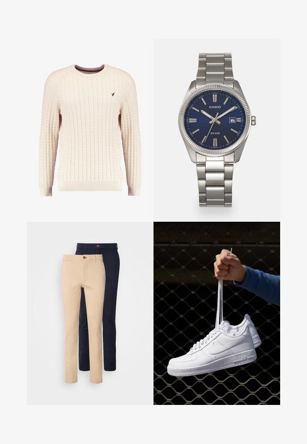 Krémový svetr s kabelovým pletením, dlouhými rukávy a kulatým výstřihem. Obsahuje pružné manžety a spodní lem, s malou vyšitou nášivkou na hrudi.; Chino kalhoty v béžové a námořnické barvě, s úzkým střihem, hladkým bavlněným materiálem, předními kapsami a knoflíkovým zapínáním.; Bílé kožené tenisky s perforacemi, kulatou špičkou, plochou podrážkou a silnými tkaničkami, které mají viditelné logo swoosh a nápis "AIR" na patě.; Stříbrný nerezový náramkový hodinky s navy modrým ciferníkem, kovovými hodinovými značkami a oknem pro datum na hodině 3. Vodotěsné do 50 metrů.
