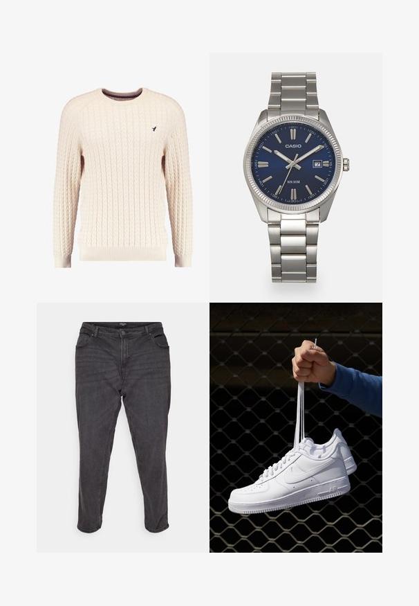 Suéter crema de punto trenzado con mangas largas y escote redondo. Presenta puños y dobladillo acanalados, con un pequeño logo bordado en el pecho.; Jeans de mezclilla negra con corte recto, que cuentan con un cierre de botones, bolsillos laterales y un ligero desgaste, ofreciendo un aspecto clásico.; Zapatillas de cuero blanco con perforaciones, punta redonda, suela plana y cordones gruesos, con un logo de swoosh visible y "AIR" en el talón.; Reloj de pulsera de acero inoxidable plateado con una esfera azul marina, marcadores horarios metálicos y una ventana de fecha a las 3 en punto. Resistente al agua hasta 50 metros.