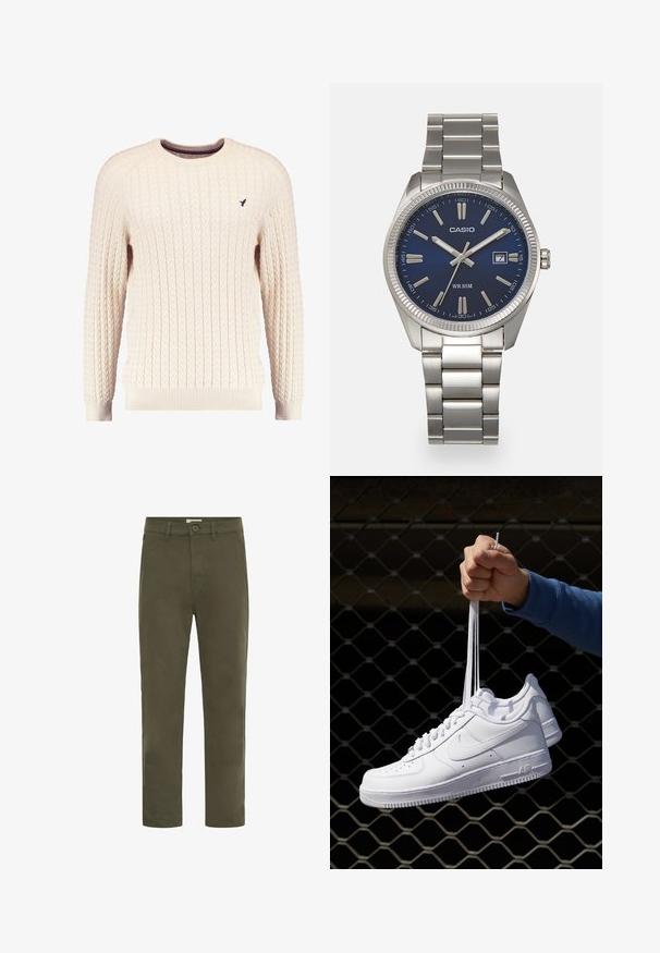 Cream cable-knit sweater with long sleeves and a crew neckline. Features ribbed cuffs and hem, with a small embroidered logo on the chest.; Men’s olive green casual straight-leg pants with button closure and belt loops, designed for everyday wear.; White leather sneakers with perforations, round toe, flat sole, and thick laces, featuring a visible swoosh logo and "AIR" on the heel.; Silver stainless steel wristwatch with a navy blue dial, metallic hour markers, and a date window at 3 o'clock. Water-resistant to 50 meters.