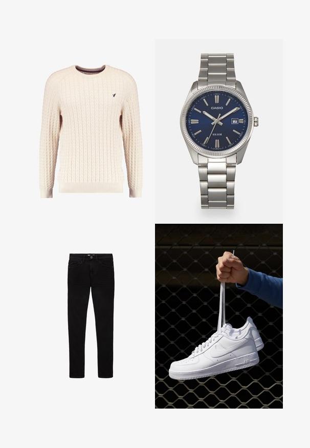 Krēmveida adīta džemperis ar garām piedurknēm un apaļu kakla izgriezumu. Tam ir ribota piedurkņu un apakšmalas apdare, kā arī neliels izsistais logotips uz krūšu daļas.; Melni džinsi no denima, ar šauru piegriezumu, pieciem kabatām un pogu aizdari. Gluda tekstūra un minimāli šuvju detaļas.; Baltas ādas sporta apavi ar perforācijām, apaļu purngali, plakanu zoli un biezām šņorēm, ar redzamu swoosh logo un vārdu "AIR" uz papēža.; Sudraba nerūsējošā tērauda rokas pulkstenis ar tumši zilu ciparnīcu, metalizētiem stundu rādītājiem un datuma logu pie pulksten 3. Ūdensizturīgs līdz 50 metriem.