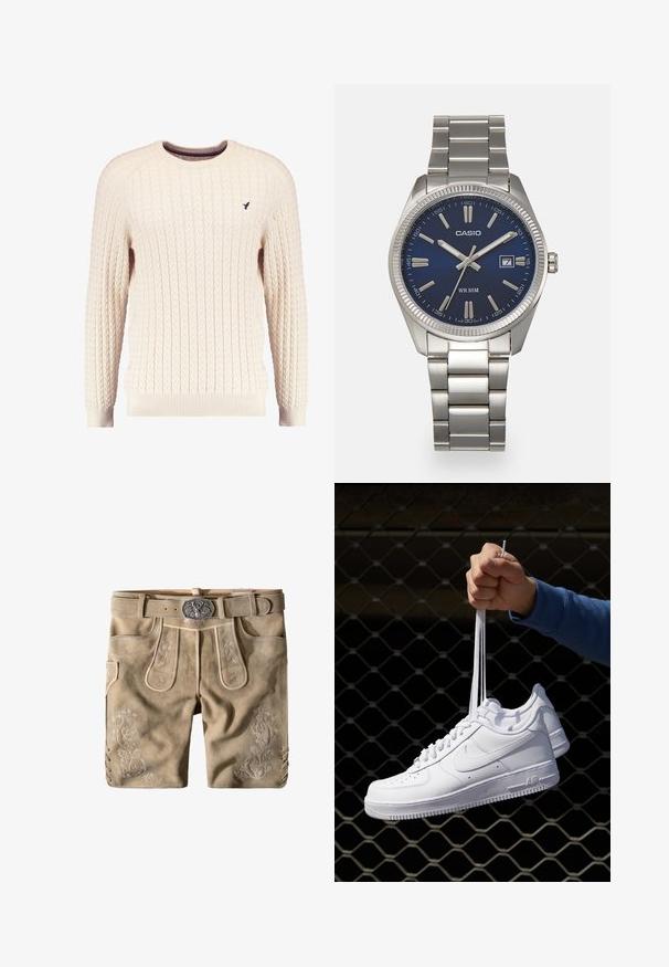 Cremfarbener Kabelle-Strickpullover mit langen Ärmeln und Rundhalsausschnitt. Mit gerippten Bündchen und Saum sowie einem kleinen gestickten Logo auf der Brust.; Beige Lederkurzshorts mit aufwendiger floralem Stickerei, einer silbernen Gürtelschnalle und seitlichen Schnürakzenten. Weicher Wildleder-ähnlicher Stoff überall.; Weiße Leder-Sneaker mit Perforationen, runder Zehenpartie, flacher Sohle und dicken Schnürsenkeln, mit sichtbar eingesticktem Swoosh-Logo und "AIR" an der Ferse.; Silberner Armbanduhr aus Edelstahl mit einem dunkelblauen Zifferblatt, metallischen Stundenmarkierungen und einem Datumsfenster bei 3 Uhr. Wasserdicht bis 50 Meter.