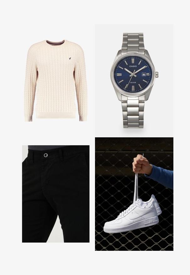 Kreminė kabelinė megztinė su ilgomis rankovėmis ir apykakle. Savybės: grioveliai prie rankovių ir apatinės dalies, o krūtinėje mažas siuvinėtas logotipas.; Juodi medvilniniai kelnių kelnės su siauru siluetu, priekinėmis kišenėmis ir vienu mygtuku užsegimui ties liemeniu. Lygus audinys su minimaliais dekoratyviniais elementais.; Balti odiniai sportiniai bateliai su perforacijomis, apvalia nosimi, plokščiu padu ir storomis raištelėmis, su matomu swoosh logotipu ir "AIR" ant kulno.; Sidabrinis nerūdijančio plieno laikrodis su tamsiai mėlynu ciferblatu, metaliniais valandų žymenimis ir datos langeliu 3 valandą. Atsparus vandeniui iki 50 metrų.