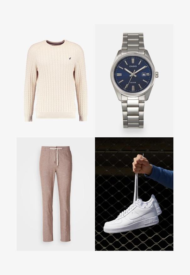 Kream pulover iz kabelskih pletenin z dolgimi rokavi in okroglo izrezom. Opremljen je z rebrastimi manšetami in robom ter s majhnim vezenim logotipom na prsih.; Svetlo rjave lanene hlače s naramnicami za prilagajanje pasu, ravne nogavice in rahlo teksturirana površina. Brez dodatnih žepov ali okraskov.; Bela usnjena športna obutev s perforacijami, okroglo konico, ravnim podplatom in debelimi vezalkami, z vidnim logotipom smoosh in napisom "AIR" na peti.; Srebrna nerjaveča jeklena ura z modrim številčnico, kovinskimi kazalci ter oknom za datum na 3. uri. Vodoodporna do 50 metrov.