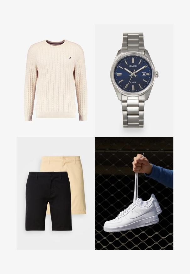 Tejkrém színű kötött pulóver hosszú ujjal és kerek nyakkivágással. Elnyújtott mandzsetták és szegély, az elején egy kis hímzett logóval.; Fekete és bézs pamut rövidnadrág, gombos zárással, övbucokkla és egyenes szabással. A fekete rövidnadrág elöl látható.; Fehér bőr sportcipők perforációval, kerek orral, lapos talppal és vastag fűzőkkel, látható swoosh logóval és "AIR" felirattal a sarokrészen.; Ezüst színű rozsdamentes acél karóránk sötétkék számlapja van, fém óraszámlálókkal és egy dátumablakkal a 3 órás pozícióban. 50 méterig vízálló.