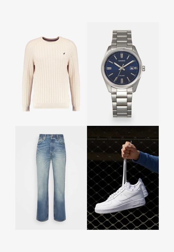 Maglione crema a trama cable con maniche lunghe e colletto tondo. Presenta polsini e orlo a costine, con un piccolo logo ricamato sul petto.; Jeans di denim azzurro chiaro con un design a gamba dritta, caratterizzati da un lavaggio sbiadito, cinque tasche e una chiusura a bottone in vita.; Sneakers in pelle bianca con perforazioni, punta rotonda, suola piatta e lacci spessi, con logo swoosh visibile e "AIR" sul tallone.; Orologio da polso in acciaio inossidabile argento con quadrante blu navy, indici metallici e finestra della data alle 3. Resistente all'acqua fino a 50 metri.