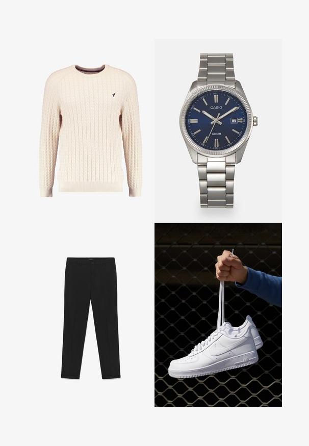 Kreminė kabelinė megztinė su ilgomis rankovėmis ir apykakle. Savybės: grioveliai prie rankovių ir apatinės dalies, o krūtinėje mažas siuvinėtas logotipas.; Juodos kelnės iš lygaus audinio, turinčios siaurą siluetą, lygų priekinį dizainą, dvi šonines kišenes ir sagą užsegimui juosmens srityje.; Balti odiniai sportiniai bateliai su perforacijomis, apvalia nosimi, plokščiu padu ir storomis raištelėmis, su matomu swoosh logotipu ir "AIR" ant kulno.; Sidabrinis nerūdijančio plieno laikrodis su tamsiai mėlynu ciferblatu, metaliniais valandų žymenimis ir datos langeliu 3 valandą. Atsparus vandeniui iki 50 metrų.