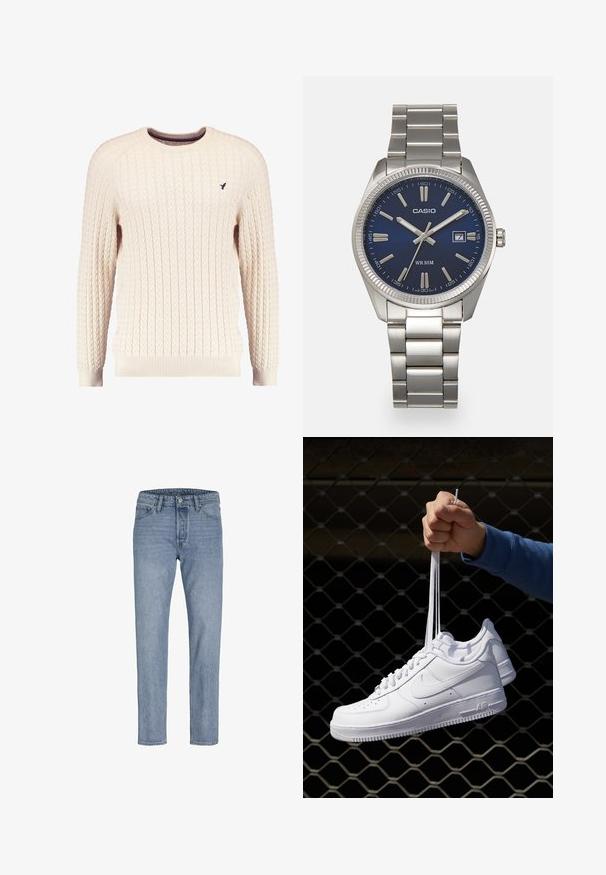 Krēmveida adīta džemperis ar garām piedurknēm un apaļu kakla izgriezumu. Tam ir ribota piedurkņu un apakšmalas apdare, kā arī neliels izsistais logotips uz krūšu daļas.; Gai zilo džinsu bikses ar taisnu kāju griezumu, piecu kabatu dizainu, izšūtām šuvēm un pogu aizdari jostasvietā.; Baltas ādas sporta apavi ar perforācijām, apaļu purngali, plakanu zoli un biezām šņorēm, ar redzamu swoosh logo un vārdu "AIR" uz papēža.; Sudraba nerūsējošā tērauda rokas pulkstenis ar tumši zilu ciparnīcu, metalizētiem stundu rādītājiem un datuma logu pie pulksten 3. Ūdensizturīgs līdz 50 metriem.