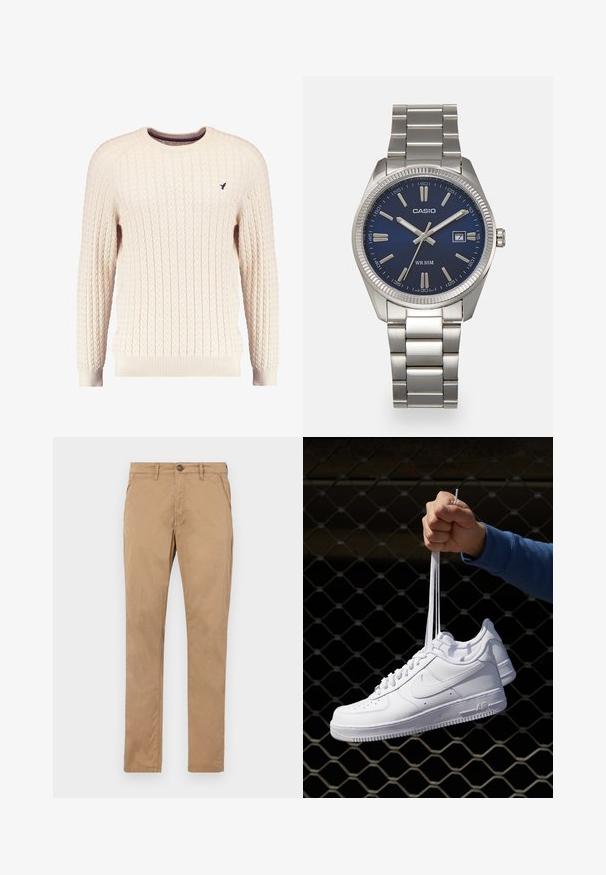 Kremowy sweter w splot kabelkowy z długimi rękawami i okrągłym dekoltem. Posiada ściągacze na mankietach i u dołu, a na piersi znajduje się małe wyszywane logo.; Beżowe, proste chinosy wykonane z bawełny. Posiadają zapięcie na guzik z przodu, zamek błyskawiczny oraz kieszenie boczne, charakteryzujące się gładką fakturą i brakiem widocznych wzorów.; Białe skórzane sneakersy z perforacjami, okrągłym noskiem, płaską podeszwą i grubymi sznurówkami, z widocznym logo swoosh i napisem „AIR” na pięcie.; Srebrny zegarek na stalowej bransolecie z niebieską tarczą, metalowymi indeksami godzinowymi oraz okienkiem daty na godzinie 3. Wodoodporny do 50 metrów.