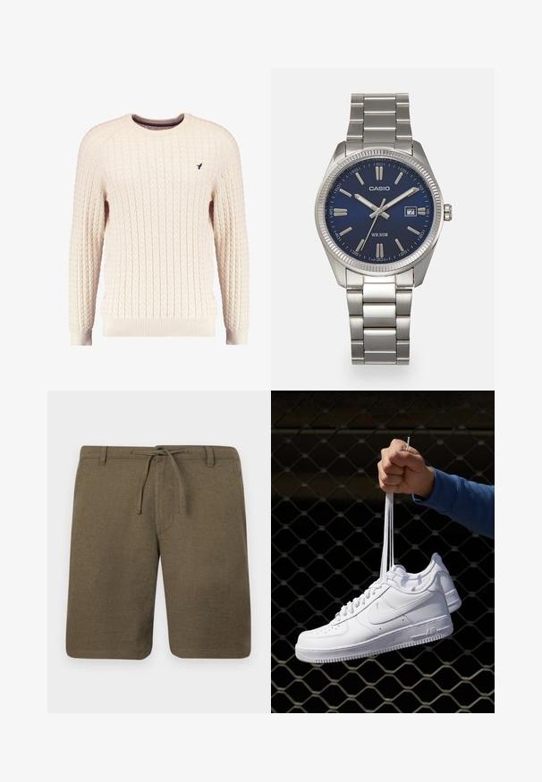 Kream pulover iz kabelskih pletenin z dolgimi rokavi in okroglo izrezom. Opremljen je z rebrastimi manšetami in robom ter s majhnim vezenim logotipom na prsih.; Olivno zelene lanene hlače s ravnim prednjim delom, pasom na vrvico in stranskimi žepi; teksturirana tkanina z neformalnim, sproščenim krojem.; Bela usnjena športna obutev s perforacijami, okroglo konico, ravnim podplatom in debelimi vezalkami, z vidnim logotipom smoosh in napisom "AIR" na peti.; Srebrna nerjaveča jeklena ura z modrim številčnico, kovinskimi kazalci ter oknom za datum na 3. uri. Vodoodporna do 50 metrov.