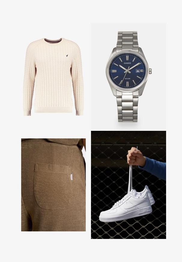 Cremfarbener Kabelle-Strickpullover mit langen Ärmeln und Rundhalsausschnitt. Mit gerippten Bündchen und Saum sowie einem kleinen gestickten Logo auf der Brust.; Lindbergh ELASTIC WAIST - Shorts - dk stone; Weiße Leder-Sneaker mit Perforationen, runder Zehenpartie, flacher Sohle und dicken Schnürsenkeln, mit sichtbar eingesticktem Swoosh-Logo und "AIR" an der Ferse.; Silberner Armbanduhr aus Edelstahl mit einem dunkelblauen Zifferblatt, metallischen Stundenmarkierungen und einem Datumsfenster bei 3 Uhr. Wasserdicht bis 50 Meter.