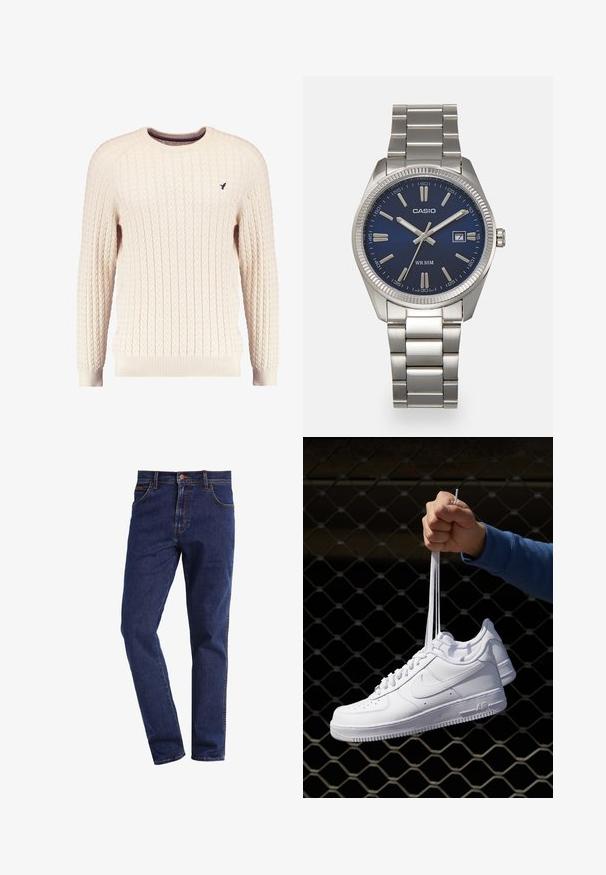 Kremowy sweter w splot kabelkowy z długimi rękawami i okrągłym dekoltem. Posiada ściągacze na mankietach i u dołu, a na piersi znajduje się małe wyszywane logo.; Granatowe dżinsy straight-leg z przednimi kieszeniami, zapinane na guziki, z szlufkami na pasek i widocznym przeszyciem.; Białe skórzane sneakersy z perforacjami, okrągłym noskiem, płaską podeszwą i grubymi sznurówkami, z widocznym logo swoosh i napisem „AIR” na pięcie.; Srebrny zegarek na stalowej bransolecie z niebieską tarczą, metalowymi indeksami godzinowymi oraz okienkiem daty na godzinie 3. Wodoodporny do 50 metrów.