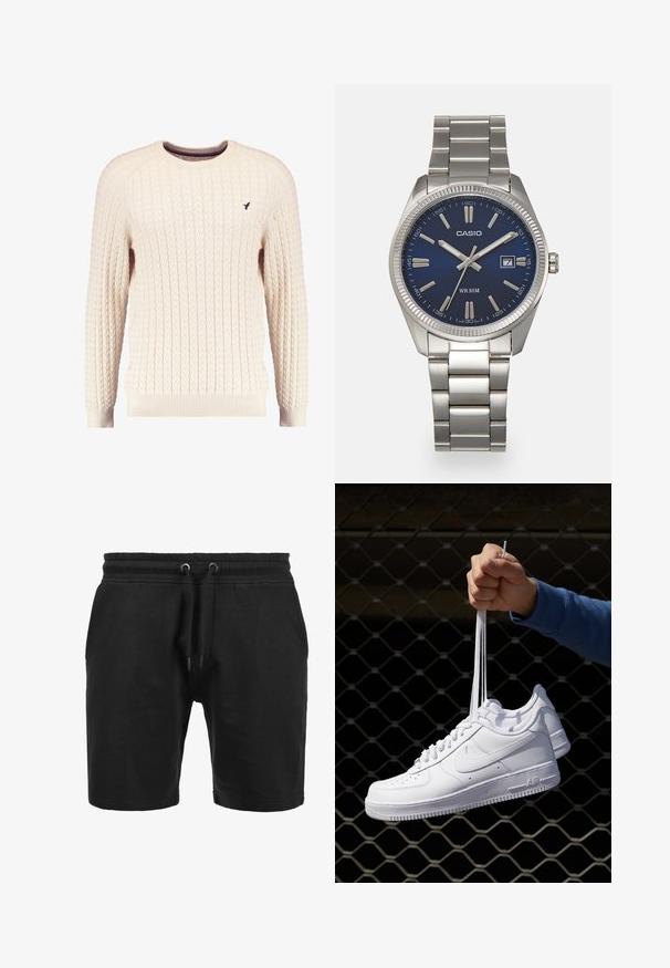 Romige kabelgebreide trui met lange mouwen en een ronde hals. Heeft ribgebreide manchetten en zoom, met een klein geborduurd logo op de borst.; Zwarte shorts van textuurstof. Beschikt over een elastische tailleband met trekkoord en zijzakken. Eenvoudig, rechtlijnig ontwerp.; Witte leren sneakers met perforaties, ronde neus, vlakke zool en dikke veters, met een zichtbare swoosh-logo en "AIR" op de hiel.; Zilveren roestvrijstalen horloge met een marineblauwe wijzerplaat, metalen uurmarkeringen en een datumnis op 3 uur. Waterbestendig tot 50 meter.