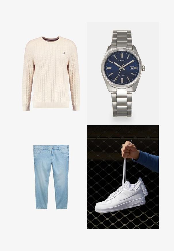 Cremfarbener Kabelle-Strickpullover mit langen Ärmeln und Rundhalsausschnitt. Mit gerippten Bündchen und Saum sowie einem kleinen gestickten Logo auf der Brust.; Helle blaue Jeans aus Denim mit geradem Bein, ausgestattet mit Fronttaschen, Gürtelschlaufen und einem Reißverschluss. Glatte, leichte Textur.; Weiße Leder-Sneaker mit Perforationen, runder Zehenpartie, flacher Sohle und dicken Schnürsenkeln, mit sichtbar eingesticktem Swoosh-Logo und "AIR" an der Ferse.; Silberner Armbanduhr aus Edelstahl mit einem dunkelblauen Zifferblatt, metallischen Stundenmarkierungen und einem Datumsfenster bei 3 Uhr. Wasserdicht bis 50 Meter.