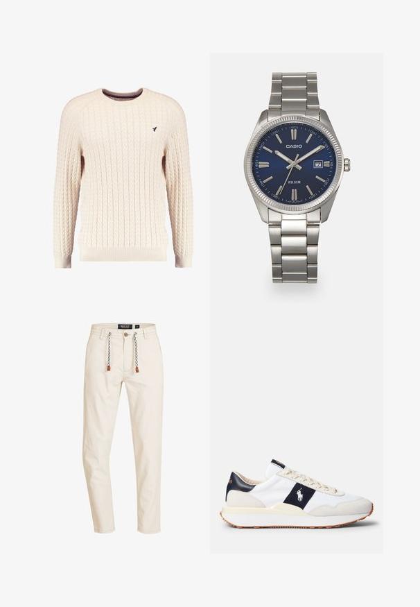 Cream cable-knit sweater with long sleeves and a crew neckline. Features ribbed cuffs and hem, with a small embroidered logo on the chest.; Beige cotton pants with a straight shape, featuring a drawstring waist with black and white accents, and front and back pockets.; White sneakers with a navy accent stripe and logo, featuring a textile upper, suede detailing, cream sole, and textured rubber outsole.; Silver stainless steel wristwatch with a navy blue dial, metallic hour markers, and a date window at 3 o'clock. Water-resistant to 50 meters.
