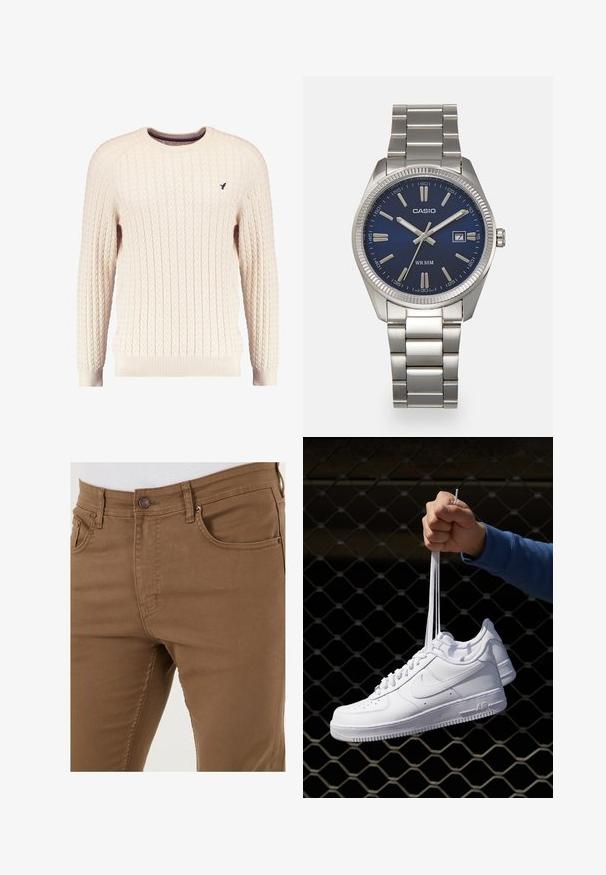 Kream pulover iz kabelskih pletenin z dolgimi rokavi in okroglo izrezom. Opremljen je z rebrastimi manšetami in robom ter s majhnim vezenim logotipom na prsih.; Rjave bombažne hlače z ozkim krojem, petimi žepi in metalnim gumbom na pasu. Gladka tekstura, trpežna tkanina.; Bela usnjena športna obutev s perforacijami, okroglo konico, ravnim podplatom in debelimi vezalkami, z vidnim logotipom smoosh in napisom "AIR" na peti.; Srebrna nerjaveča jeklena ura z modrim številčnico, kovinskimi kazalci ter oknom za datum na 3. uri. Vodoodporna do 50 metrov.