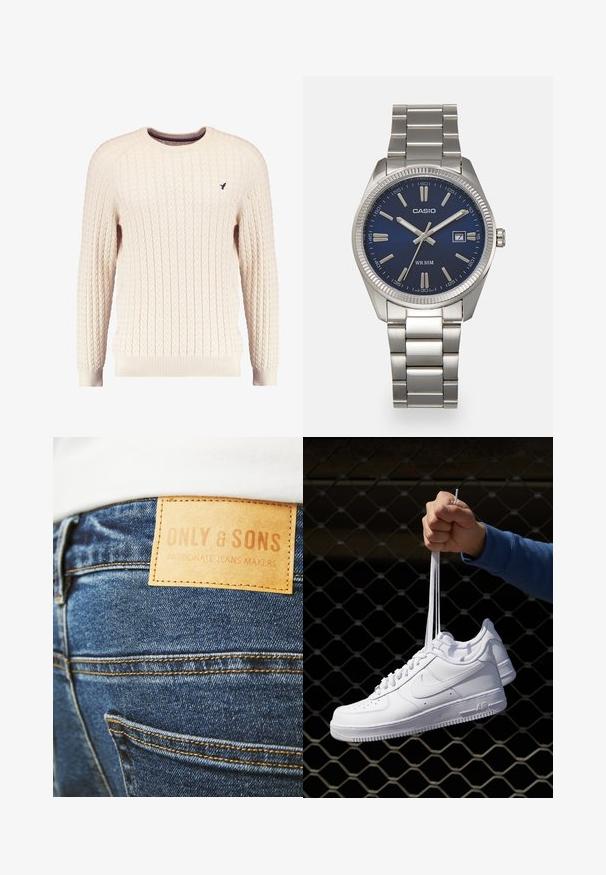 Krem pleteni pulover s dugim rukavima i okruglim izrezom. Ima rebraste manžete i donji rub, s malim izvezenim logom na prsima.; Plave traperice s istaknutom smeđom kožnom etiketom pri leđima, koja sadrži tekst "ONLY & SONS" i "PASSIONATE JEANS MAKERS."; Bijele kožne tenisice s perforacijama, okruglim vrhom, ravnim potplatom i debelim vezicama, s vidljivim swoosh logom i natpisom "AIR" na peti.; Srebrni sat od nehrđajućeg čelika s tamnoplavim brojčanikom, metalnim oznakama sati i prozorom za datum na 3 sata. Vodootporan do 50 metara.