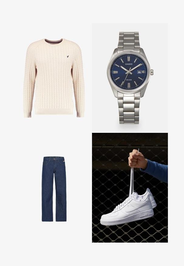 Suéter crema de punto trenzado con mangas largas y escote redondo. Presenta puños y dobladillo acanalados, con un pequeño logo bordado en el pecho.; Jeans de mezclilla azul oscuro con un corte holgado, que cuentan con cierre de botón, pasadores para cinturón y bolsillos frontales. Tejido texturizado con variaciones sutiles.; Zapatillas de cuero blanco con perforaciones, punta redonda, suela plana y cordones gruesos, con un logo de swoosh visible y "AIR" en el talón.; Reloj de pulsera de acero inoxidable plateado con una esfera azul marina, marcadores horarios metálicos y una ventana de fecha a las 3 en punto. Resistente al agua hasta 50 metros.