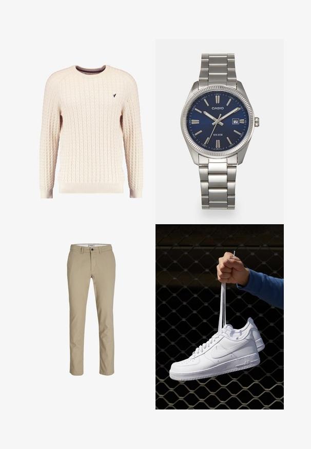 Kreemvärvi kabelikootud sviiter pikkade varrukatega ja ümmarguse kaelusega. Omab soonikuid mansette ja äärt, ning rinnal on väike brodeeritud logo.; Beežist puuvillased püksid slim-fit lõikega, millel on esine tõmblukk, nupukinnitus ja neli taskut. Sile tekstuur, ilma mustrite või aktsentideta.; Valged nahast tennisetossud, millel on perforatsioonid, ümar nina, lame tallus ja paksud nöörid, nähtava swooshi logoga ja "AIR" kontsadel.; Hõbedane roostevabast terasest käekell, tumesinise lõpliku, metallsete tuntud numbrite ja kuupäevanäidikuga kell 3 juures. Veekindel kuni 50 meetrit.