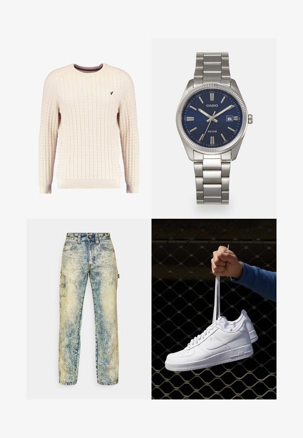 Romige kabelgebreide trui met lange mouwen en een ronde hals. Heeft ribgebreide manchetten en zoom, met een klein geborduurd logo op de borst.; Losse cargobroek van vervaagd blauw denim, met meerdere zakken, zichtbare stiksels en een versleten textuur met lichte vouwen.; Witte leren sneakers met perforaties, ronde neus, vlakke zool en dikke veters, met een zichtbare swoosh-logo en "AIR" op de hiel.; Zilveren roestvrijstalen horloge met een marineblauwe wijzerplaat, metalen uurmarkeringen en een datumnis op 3 uur. Waterbestendig tot 50 meter.