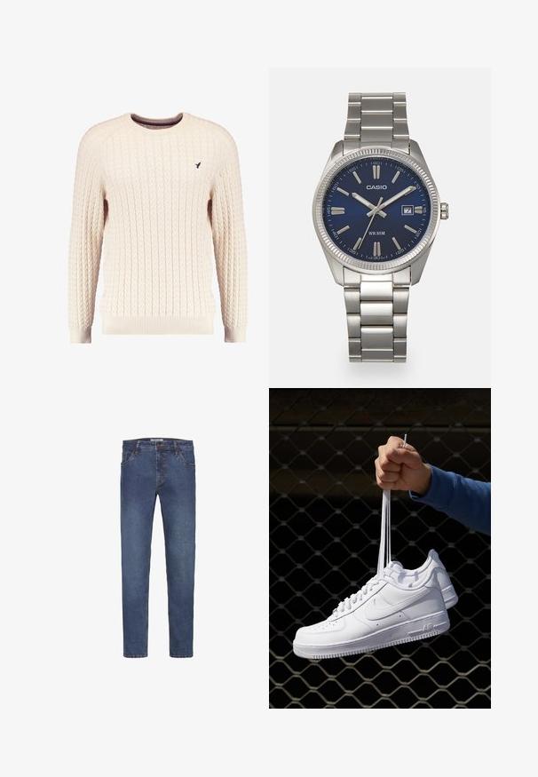 Krem pleteni pulover s dugim rukavima i okruglim izrezom. Ima rebraste manžete i donji rub, s malim izvezenim logom na prsima.; Tamnoplave traperice ravnog kroja s tornjevima za remen, pet džepova i kontrastnim šavom duž šavova.; Bijele kožne tenisice s perforacijama, okruglim vrhom, ravnim potplatom i debelim vezicama, s vidljivim swoosh logom i natpisom "AIR" na peti.; Srebrni sat od nehrđajućeg čelika s tamnoplavim brojčanikom, metalnim oznakama sati i prozorom za datum na 3 sata. Vodootporan do 50 metara.