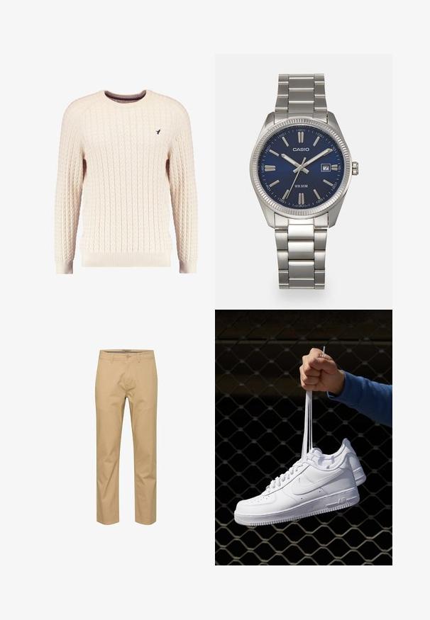 Cremfarbener Kabelle-Strickpullover mit langen Ärmeln und Rundhalsausschnitt. Mit gerippten Bündchen und Saum sowie einem kleinen gestickten Logo auf der Brust.; Beige Baumwoll-Chinos mit geradem Bein, Gürtelschlaufen, vorderer Knopfverschluss und zwei seitlichen Taschen. Glatte Textur mit minimalen Falten.; Weiße Leder-Sneaker mit Perforationen, runder Zehenpartie, flacher Sohle und dicken Schnürsenkeln, mit sichtbar eingesticktem Swoosh-Logo und "AIR" an der Ferse.; Silberner Armbanduhr aus Edelstahl mit einem dunkelblauen Zifferblatt, metallischen Stundenmarkierungen und einem Datumsfenster bei 3 Uhr. Wasserdicht bis 50 Meter.