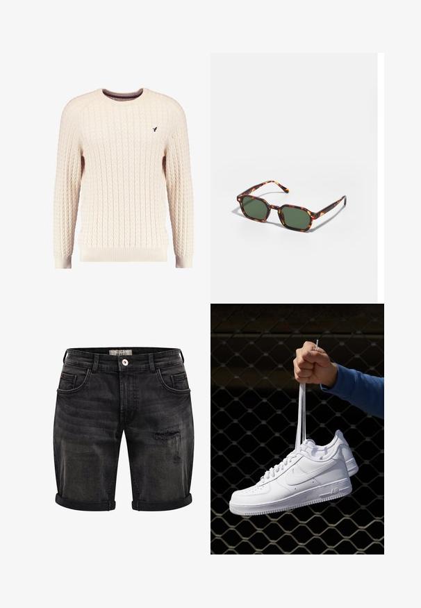 Romige kabelgebreide trui met lange mouwen en een ronde hals. Heeft ribgebreide manchetten en zoom, met een klein geborduurd logo op de borst.; Zwarte denimshorts met een versleten afwerking, voorzien van opgerolde omslagen, een vijf-pocket ontwerp en subtiele vervaging voor textuur en detail.; Witte leren sneakers met perforaties, ronde neus, vlakke zool en dikke veters, met een zichtbare swoosh-logo en "AIR" op de hiel.; Tortoiseshell zonnebrillen met groene glazen, met een octagonaal formaat en slanke, gebogen armen. Materiaal heeft een glanzende afwerking.