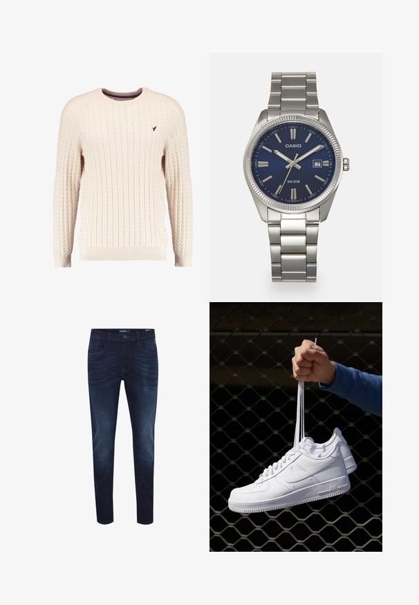 Pulover crem cu tricotaj în corde, cu mâneci lungi și gât rotund. Prezintă manșete și tiv cu nervuri, având un mic logo brodat pe piept.; Jeans din denim albastru închis, cu o croială slim, design cu cinci buzunare, uzură subtilă, închidere cu nasture și etichetă cu logo pe banda din spate.; Adidași albaștri din piele cu perforații, vârf rotund, talpă plată și șireturi groase, cu un logo swoosh vizibil și cu inscripția "AIR" pe toc.; Ceas de mână din oțel inoxidabil argintiu cu un cadran albastru marin, marcaje orare metalice și o fereastră pentru dată la ora 3. Rezistent la apă până la 50 de metri.