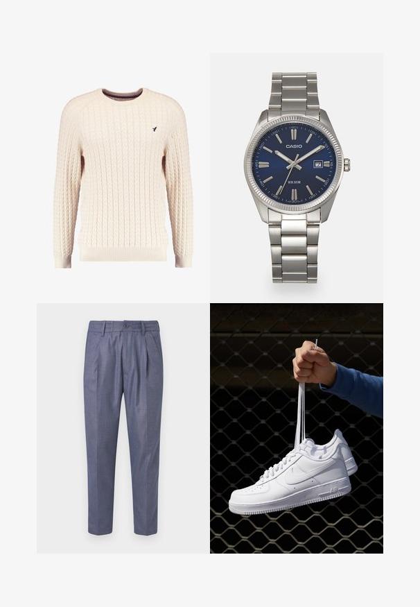Kremfarget kabelstrikket genser med lange ermer og rund hals. Har ribbestrikkede mansjetter og kant, med en liten brodert logo på brystet.; Blå vevde bukser med tilpasset passform, som har frontfolder, knappeåpning og en jevn tekstur. Korthælte med rette ben.; Hvite skinnsneakers med perforeringer, rund tå, flat såle og tykke lisser, med en synlig swoosh-logo og "AIR" på hælen.; Sølv rustfritt stål armbåndsur med en marineblå urskive, metalliske timemarkører og et datovindu ved 3-tiden. Vanntett opptil 50 meter.
