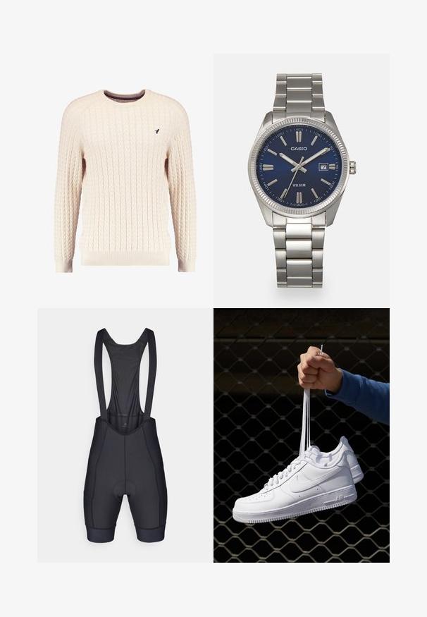Romige kabelgebreide trui met lange mouwen en een ronde hals. Heeft ribgebreide manchetten en zoom, met een klein geborduurd logo op de borst.; Zwarte fiets bibshorts met verstelbare banden en een gepadded zeem. Kenmerkt zich door een gladde textuur en verstevigde naden voor duurzaamheid.; Witte leren sneakers met perforaties, ronde neus, vlakke zool en dikke veters, met een zichtbare swoosh-logo en "AIR" op de hiel.; Zilveren roestvrijstalen horloge met een marineblauwe wijzerplaat, metalen uurmarkeringen en een datumnis op 3 uur. Waterbestendig tot 50 meter.