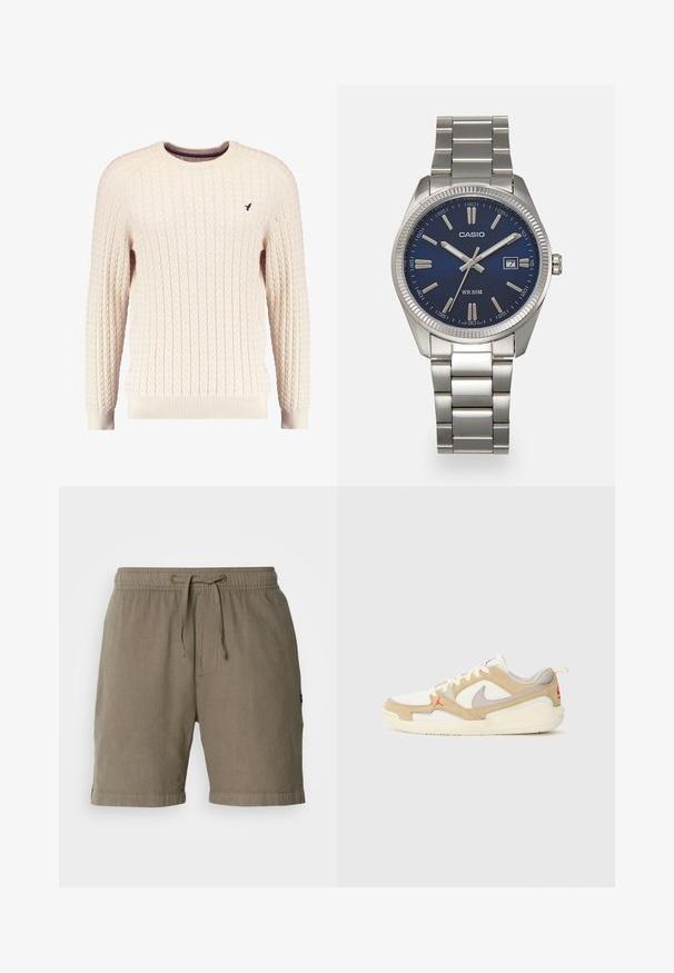 Krémový sveter s káblovým pletením, dlhé rukávy a okrúhly výstrih. Obsahuje rebrované manžety a lem, s malým vyšitým logom na hrudi.; Béžové ľanové šortky s elastickým pásom a šnúrkou. Obsahujú bočné vrecká a manžetové ukončenia pre uvoľnený strih.; Biele a béžové tenisky s sieťovinovými a semišovými panelmi, sivými akcentmi, červeným logom a oranžovým ťahacím pútkom. Zaoblený špičkový dizajn a tlmená podrážka.; Strieborné nerezové hodinky s modrým ciferníkom, kovovými hodinovými značkami a dátumovým oknom na 3. hodine. Vodotesné do hĺbky 50 metrov.