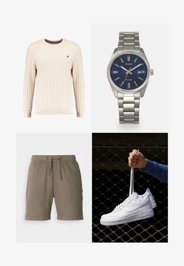 Tejkrém színű kötött pulóver hosszú ujjal és kerek nyakkivágással. Elnyújtott mandzsetták és szegély, az elején egy kis hímzett logóval.; Beige vászon rövidnadrág, rugalmas derékkal és zsinórral. Oldalsó zsebekkel és felhajtott szegélyekkel a laza illeszkedés érdekében.; Fehér bőr sportcipők perforációval, kerek orral, lapos talppal és vastag fűzőkkel, látható swoosh logóval és "AIR" felirattal a sarokrészen.; Ezüst színű rozsdamentes acél karóránk sötétkék számlapja van, fém óraszámlálókkal és egy dátumablakkal a 3 órás pozícióban. 50 méterig vízálló.