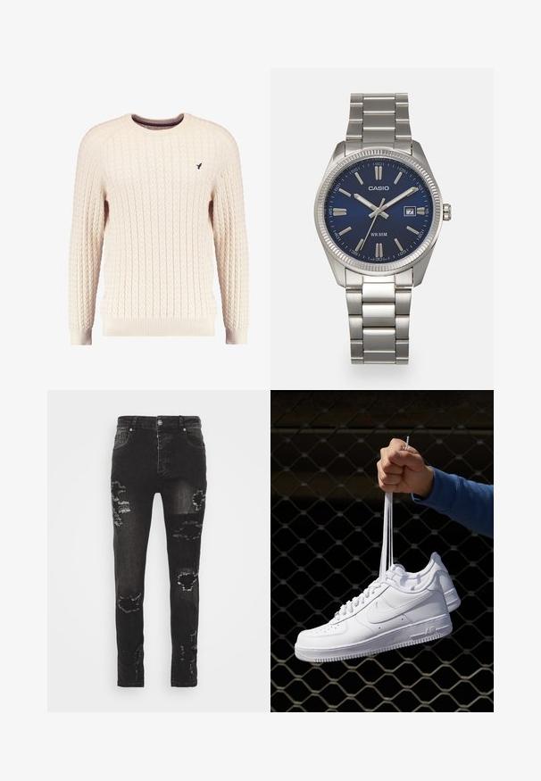 Suéter de ponto torcido em creme, com mangas longas e decote redondo. Apresenta punhos e bainha canelados, com um pequeno logótipo bordado no peito.; SIKSILK PATCH WORK DISTRESSED - Calças de ganga justas - washed black; Sapatilhas de couro branco com perfurações, biqueira redonda, sola plana e atacadores grossos, apresentando um logotipo swoosh visível e "AIR" no calcanhar.; Relógio de pulso em aço inoxidável prateado com um mostrador azul-marinho, marcadores de horas metálicos e uma janela de data às 3 horas. À prova de água até 50 metros.
