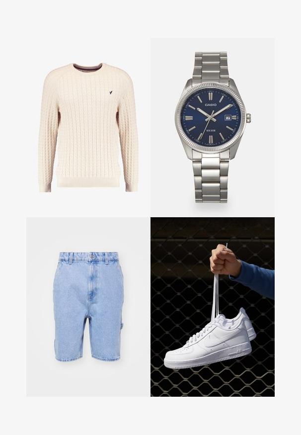 Maglione crema a trama cable con maniche lunghe e colletto tondo. Presenta polsini e orlo a costine, con un piccolo logo ricamato sul petto.; Bermuda in denim azzurro chiaro con vestibilità regolare, cintura con passanti, tasche anteriori e dettagli di sfumatura discreti.; Sneakers in pelle bianca con perforazioni, punta rotonda, suola piatta e lacci spessi, con logo swoosh visibile e "AIR" sul tallone.; Orologio da polso in acciaio inossidabile argento con quadrante blu navy, indici metallici e finestra della data alle 3. Resistente all'acqua fino a 50 metri.