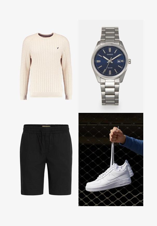 Tejkrém színű kötött pulóver hosszú ujjal és kerek nyakkivágással. Elnyújtott mandzsetták és szegély, az elején egy kis hímzett logóval.; Fekete rövidnadrág könnyű anyagból, elasztikus derékkal és húzózsinórral, oldalsó zsebekkel a kényelem érdekében.; Fehér bőr sportcipők perforációval, kerek orral, lapos talppal és vastag fűzőkkel, látható swoosh logóval és "AIR" felirattal a sarokrészen.; Ezüst színű rozsdamentes acél karóránk sötétkék számlapja van, fém óraszámlálókkal és egy dátumablakkal a 3 órás pozícióban. 50 méterig vízálló.