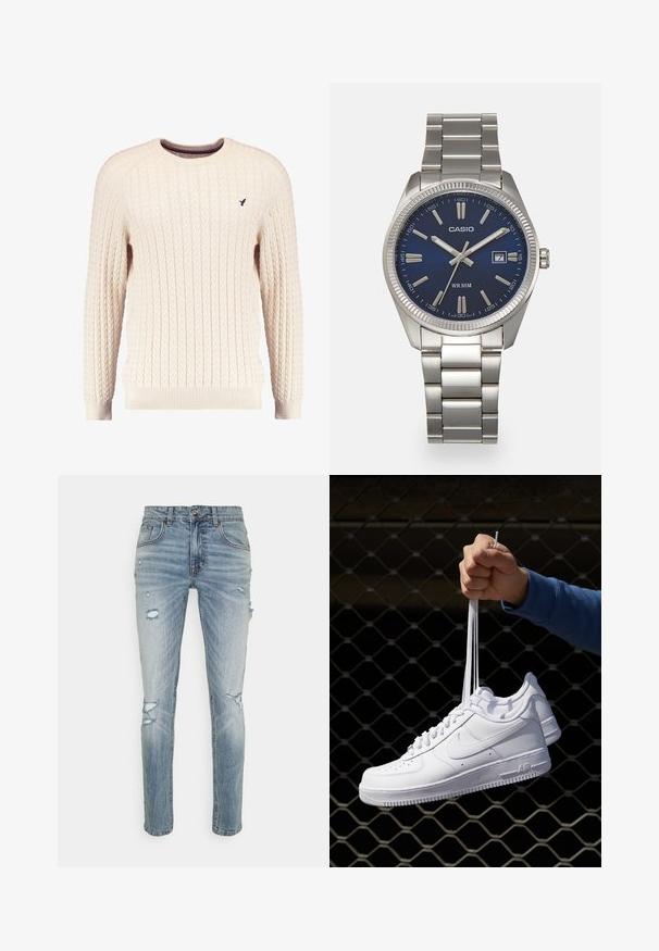 Pulover crem cu tricotaj în corde, cu mâneci lungi și gât rotund. Prezintă manșete și tiv cu nervuri, având un mic logo brodat pe piept.; Blugi din denim de culoare albastru deschis, cu un croi slim, având rupturi uzate, cinci buzunare, închidere cu nasture și o ușoară decolorare pe întreaga suprafață.; Adidași albaștri din piele cu perforații, vârf rotund, talpă plată și șireturi groase, cu un logo swoosh vizibil și cu inscripția "AIR" pe toc.; Ceas de mână din oțel inoxidabil argintiu cu un cadran albastru marin, marcaje orare metalice și o fereastră pentru dată la ora 3. Rezistent la apă până la 50 de metri.
