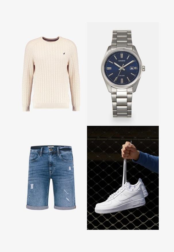 Suéter crema de punto trenzado con mangas largas y escote redondo. Presenta puños y dobladillo acanalados, con un pequeño logo bordado en el pecho.; Shorts de mezclilla azul medio con detalles desgastados, dobladillos doblados, cinco bolsillos y cierre de botón metálico. Corte estándar.; Zapatillas de cuero blanco con perforaciones, punta redonda, suela plana y cordones gruesos, con un logo de swoosh visible y "AIR" en el talón.; Reloj de pulsera de acero inoxidable plateado con una esfera azul marina, marcadores horarios metálicos y una ventana de fecha a las 3 en punto. Resistente al agua hasta 50 metros.